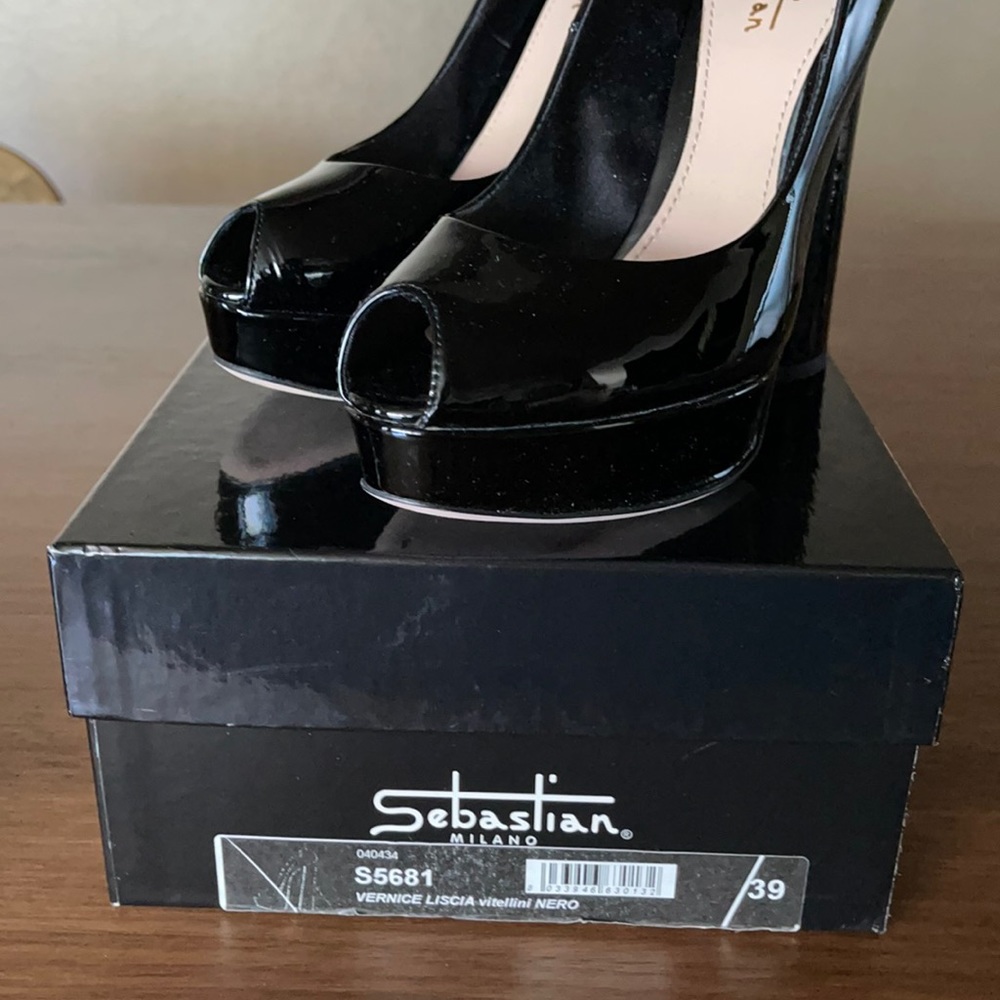 Black patent open toe platform pumps - never worn